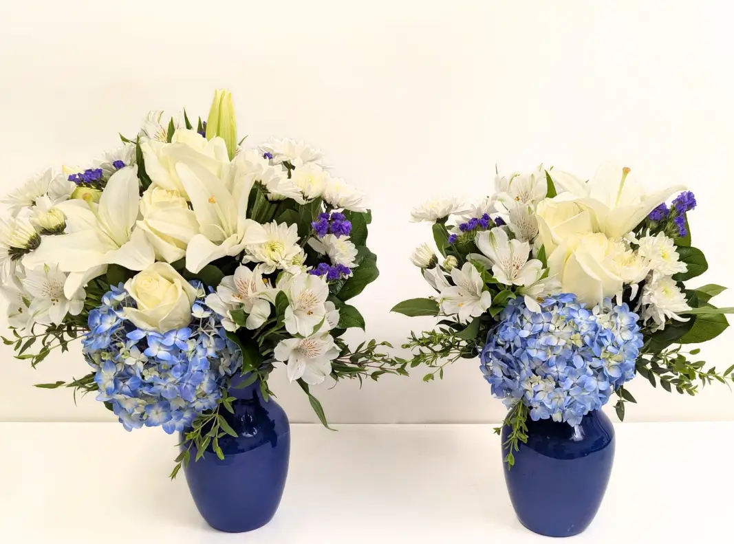 Same DFW Petals design; right-hand arrangement uses 25 percent fewer flowers.